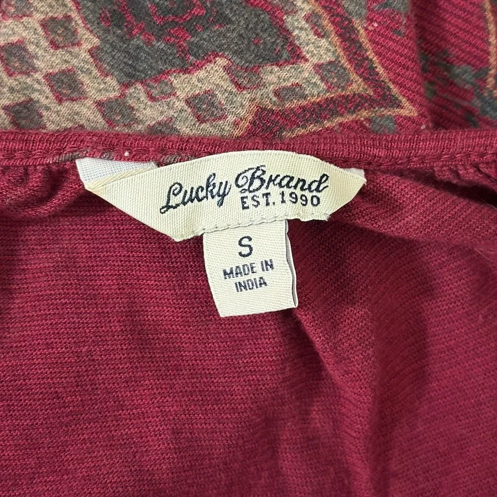 Lucky Brand Bohemian Medallion Print Burgundy Peasant Top‎ Women's Size Small